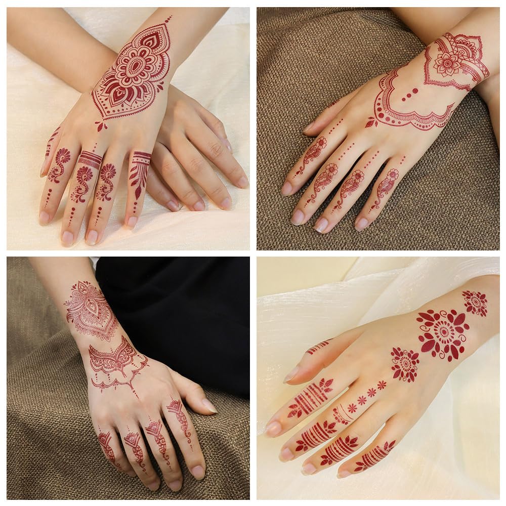 S.A.V.I 2 Sheets - Red Mehndi Style Temporary Tattoo Stickers for Women & Girls (16x12cm) | Floral Net Design | Waterproof, Safe, Non-Toxic Body Art for Hands – Easy to Apply & Remove (#64)