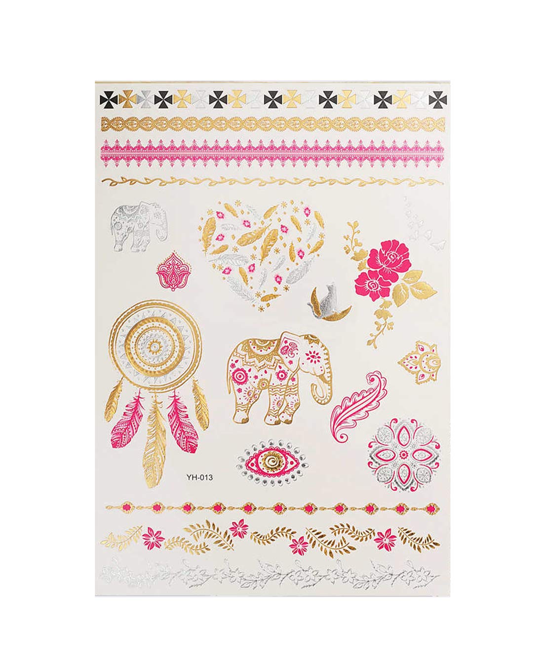 S.A.V.I 3D Temporary Tattoo Golden and Silver Metallic Sticker Heart Dream Catcher Elephant Eye Rose Flower Hand Arm Design Size 21x15cm - 1pc. (13-1), Gold, 2 g