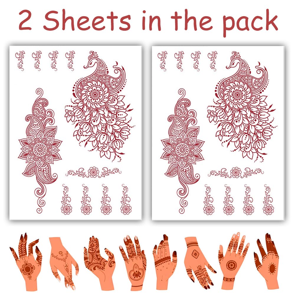 S.A.V.I 2 Sheets - Temporary Mehndi Tattoo Stickers for Hands (16x12 cm) | Red Henna Style | Waterproof, Non-Toxic | Mandala & Floral Design for Women & Girls | Festival & Bridal Use (#40)