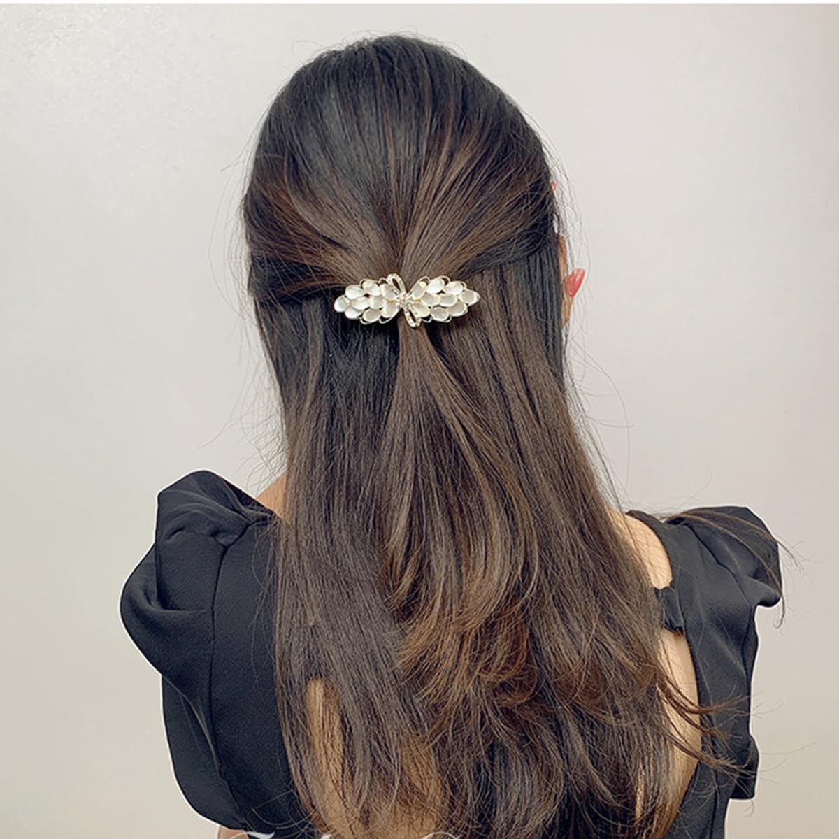 S.A.V.I White & Gold Floral Hair Barrette Clip for Women, Rhinestone Pearl Petal French Metal Hair Pin, Elegant Party Wedding Daily Wear Hair Accessory for Girls & Women, 7 cm