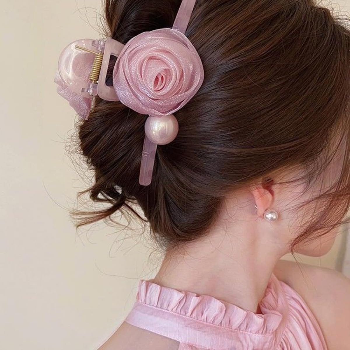 S.A.V.I Elegant Large Hair Claw Clip for Women | 13 cm Floral Rose Design with Pearl Accent | Matte Finish Strong Grip Clutcher for Thick Hair | Stylish Pink Jaw Hair Accessory