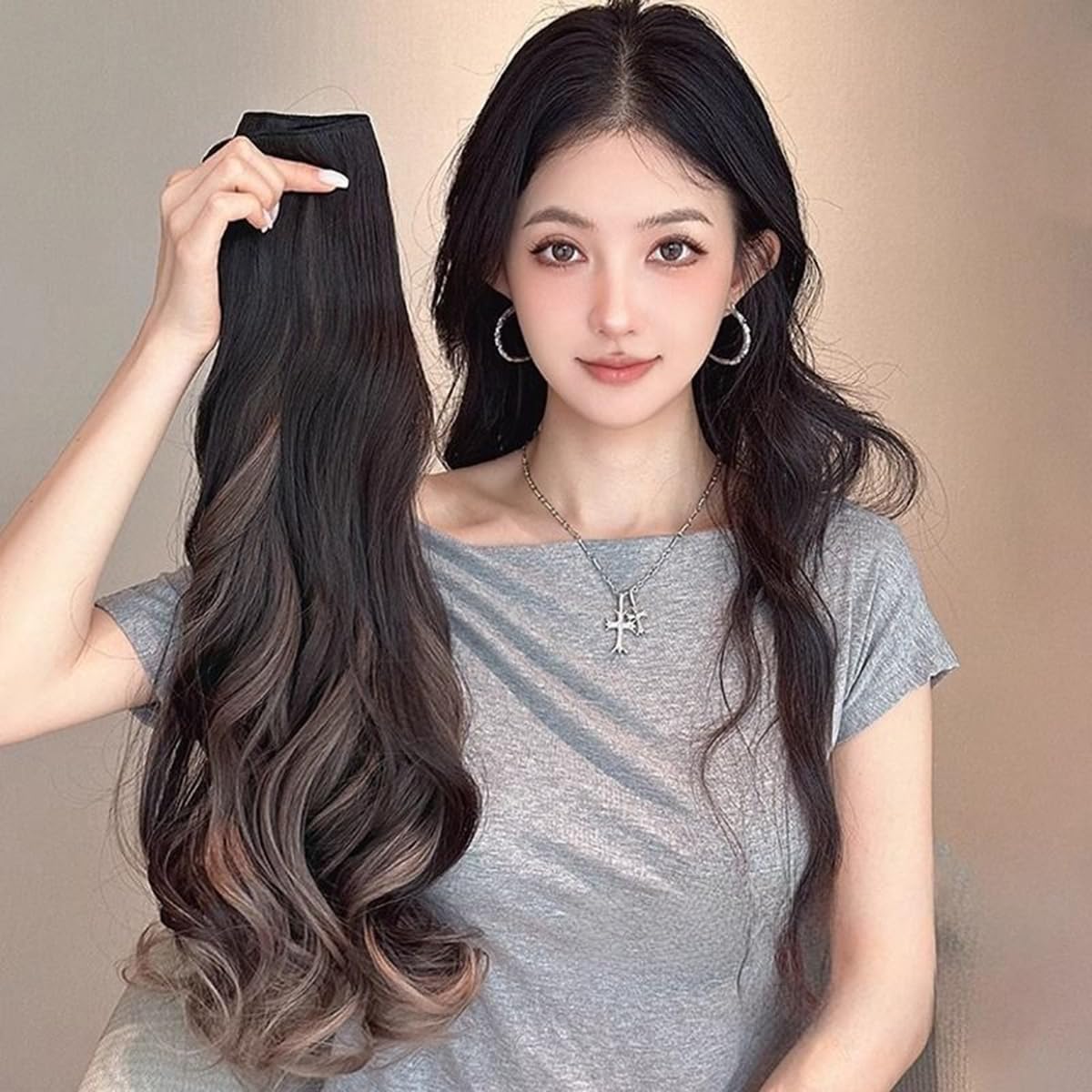 S.A.V.I U-Shape Clip-In Hair Extension for Women, Natural Black & Blonde Brown Dual Tone, 50cm Long Wavy Synthetic Hair Topper, Volumizer, Length Enhancer with Secure Clips