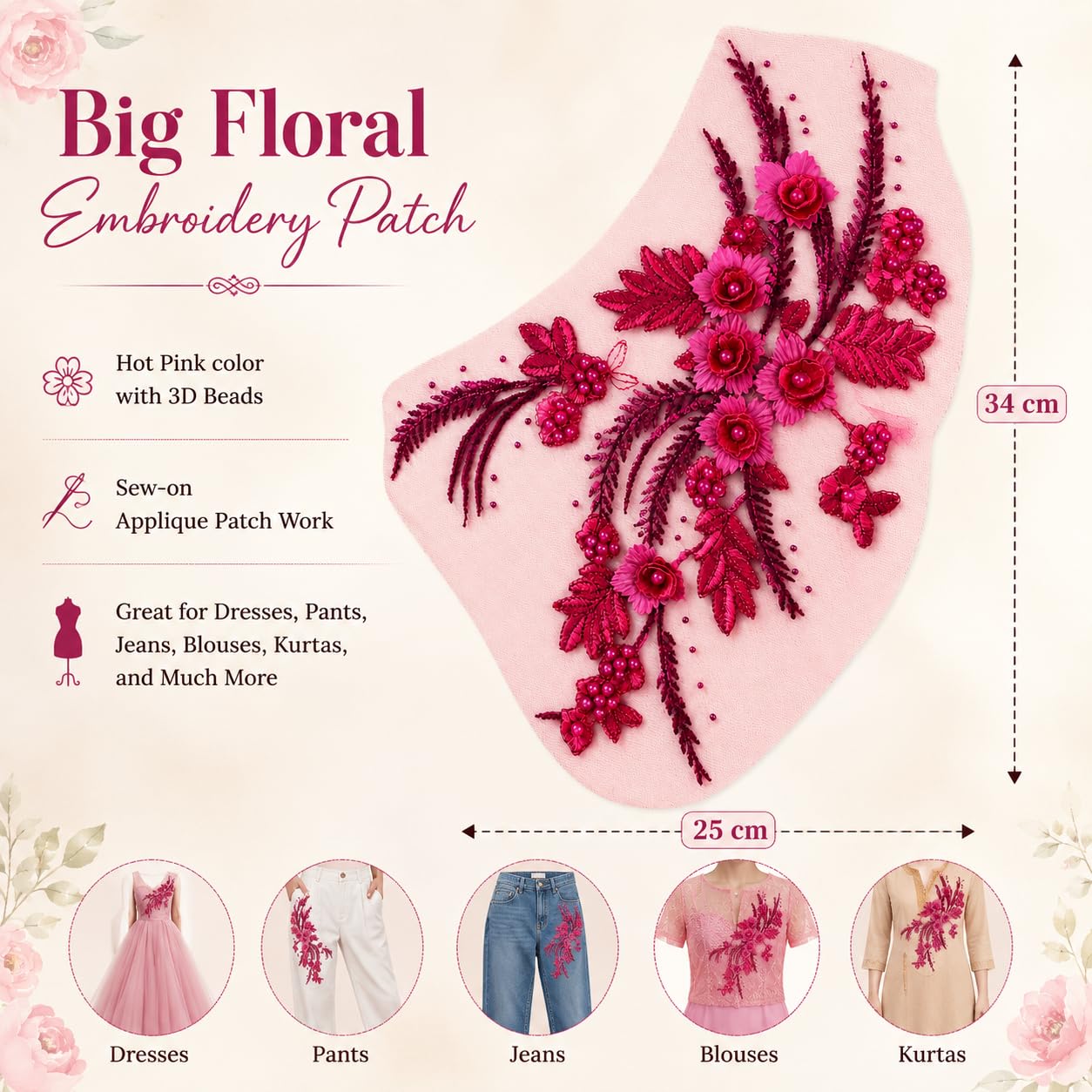 S.A.V.I Big Floral Embroidery Patch Sew-On Applique 34x25 cm|Hot Pink 3D Beaded Mesh Lace Motif for Kurtis, Blouses, Sarees, Gowns, Jeans & DIY Fashion Customization