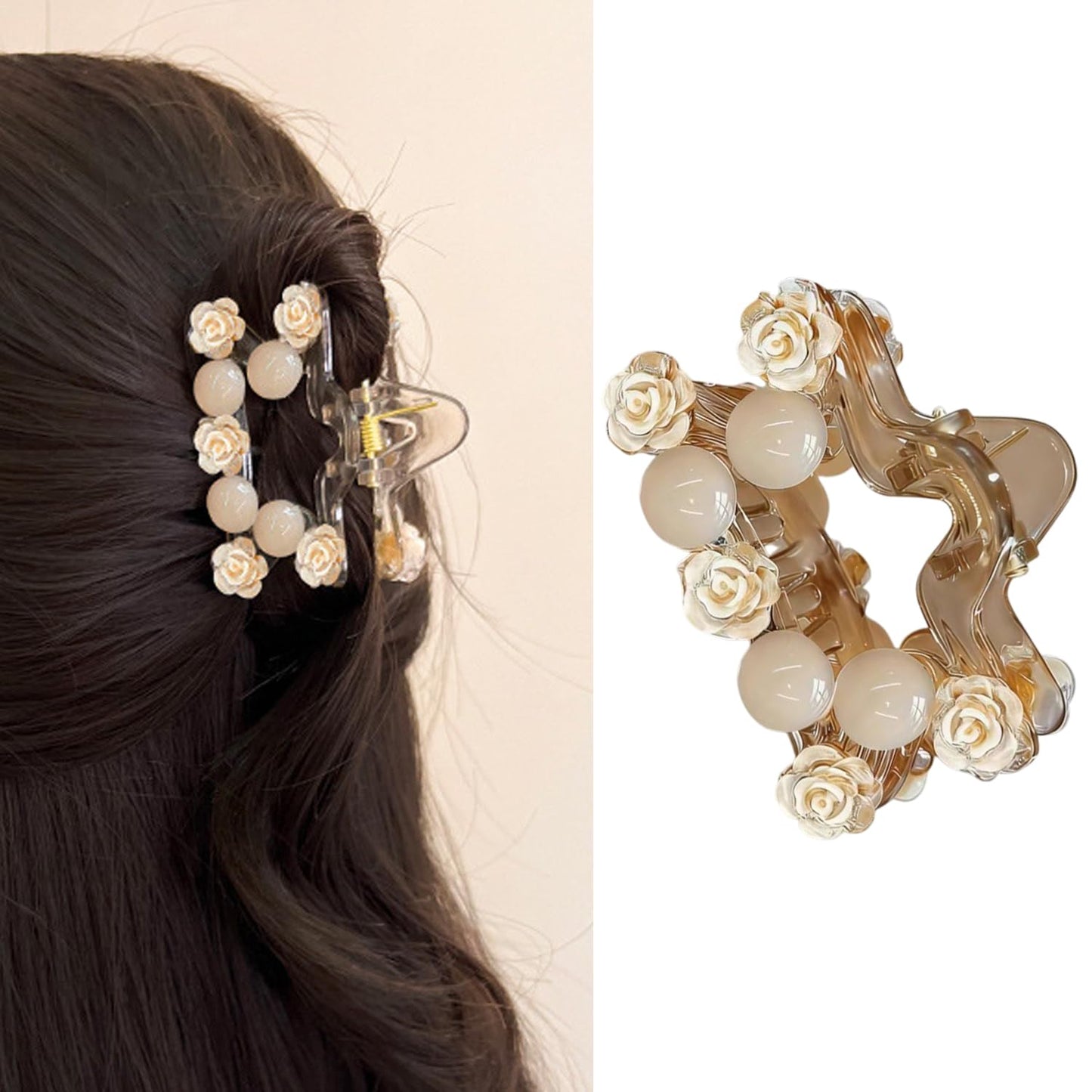 S.A.V.I Women’s Beige Floral Pearl Hair Claw Clip 7 cm | Acrylic Rose Design Clutcher | Elegant Small Star Shape Hair Accessory for Daily, Party Styling & Gifting