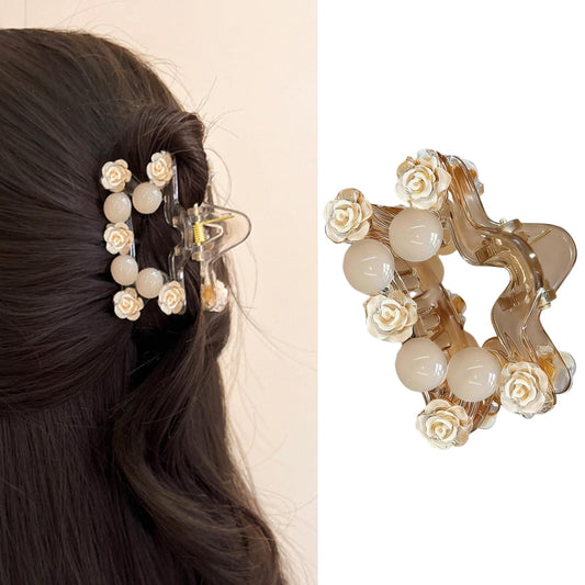 S.A.V.I Women’s Beige Floral Pearl Hair Claw Clip 7 cm | Acrylic Rose Design Clutcher | Elegant Small Star Shape Hair Accessory for Daily, Party Styling & Gifting