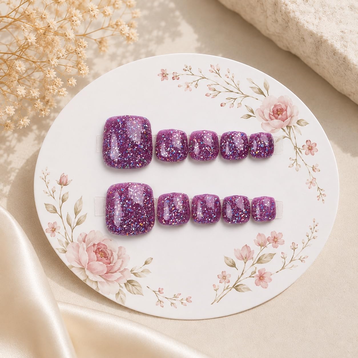S.A.V.I Press on Toenails 24 Pcs Purple Glitter White Square Tips