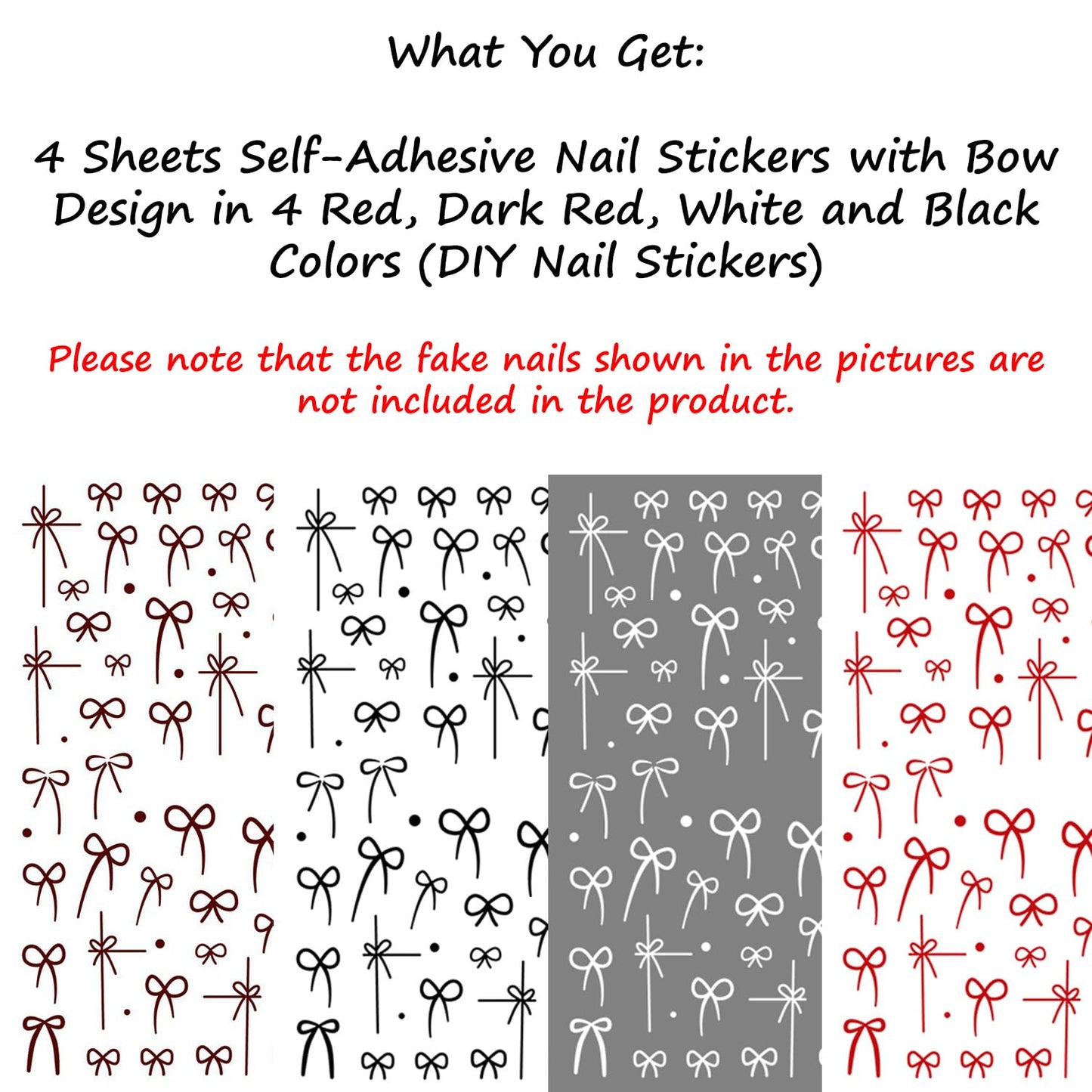 S.A.V.I 4 Sheets - Self-Adhesive Bow Nail Art Stickers, (Red, Dark Red, Black, White), Ultra-Thin DIY Decals, Minimal Ribbon Design for Gel, Acrylic & Natural Manicure
