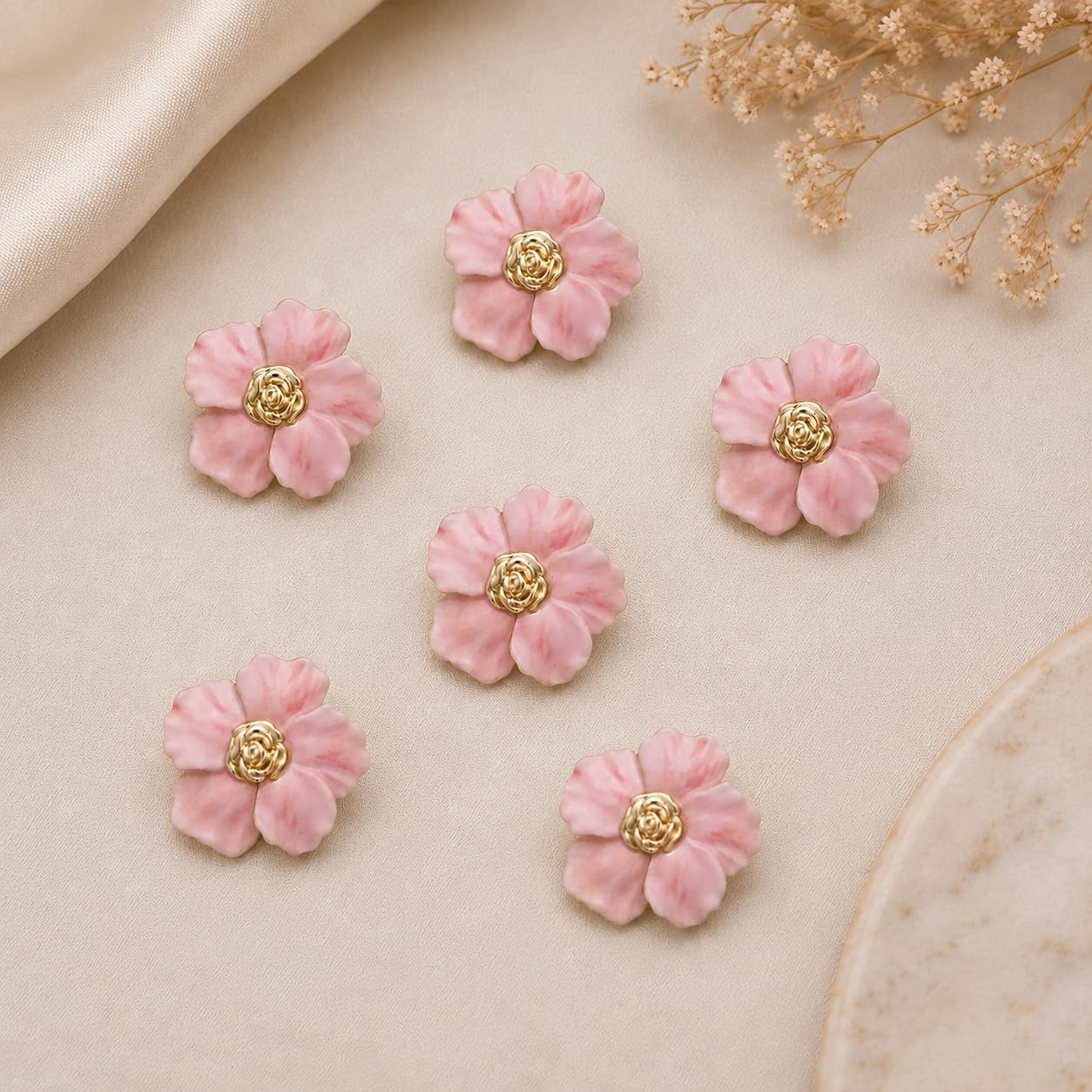 S.A.V.I Blush Pink Petal Gold Rose Shank Buttons 17.5mm | Set of 6, For Kurti & Blouse, DIY Sewing, Decorative Fasteners