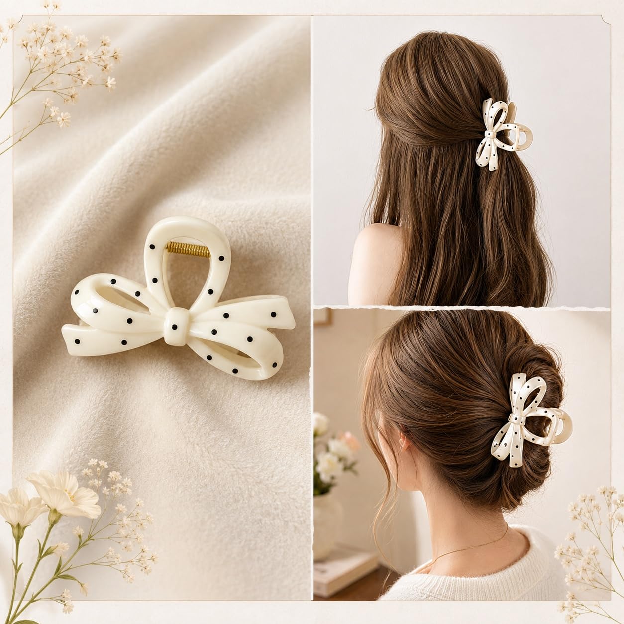S.A.V.I Bow Hair Claw Clip Large Polka Dot Off White, 10.5 cm | Strong Acrylic Clutcher, Secure Hold, Thick Hair, Half & Full Updos, 1 Piece