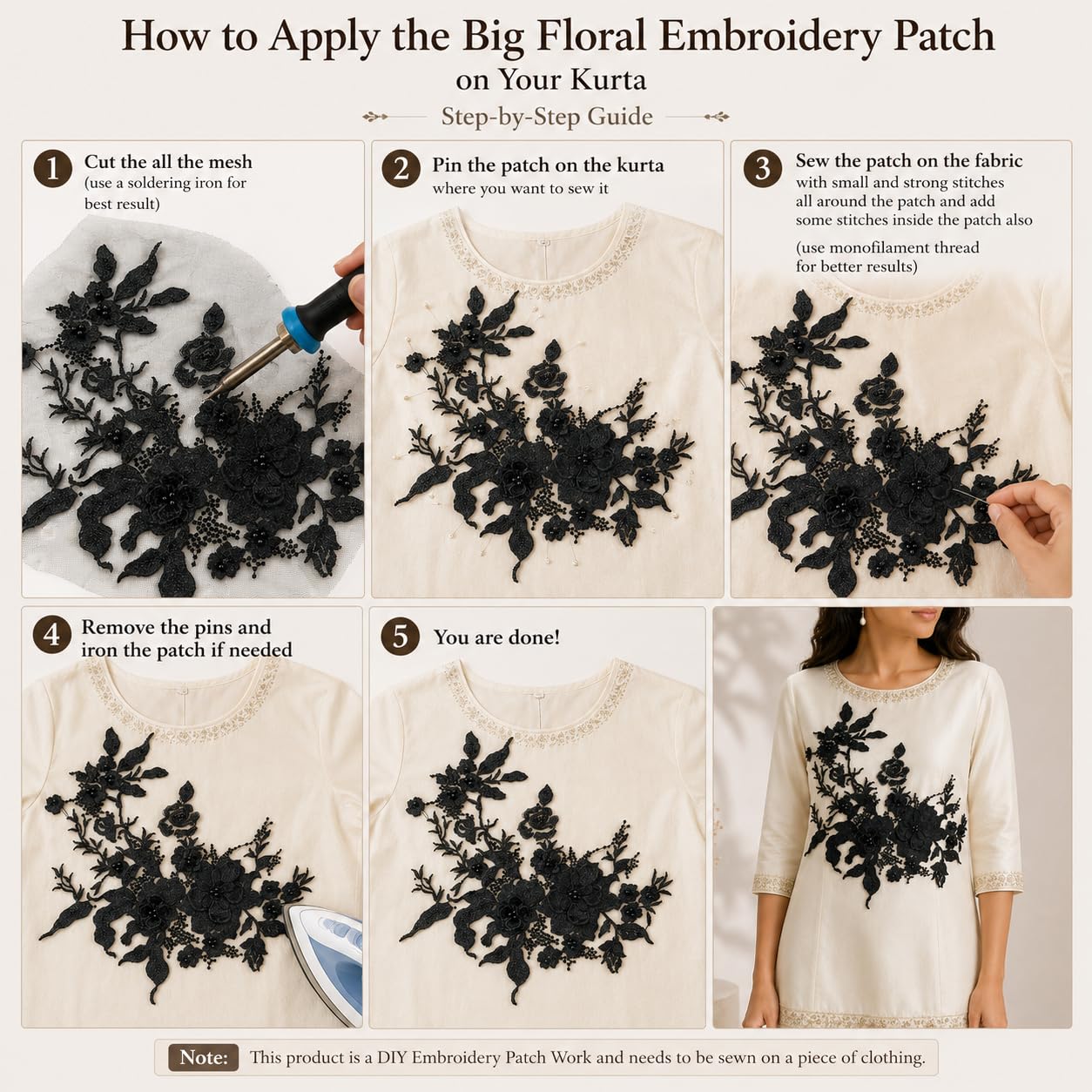 S.A.V.I Floral Embroidery Sew-On Applique Patch Black|36 x 25 cm Mesh Lace With 3D Beads for Dresses, Kurtas, Blouses, Gowns & DIY Outfit Customization