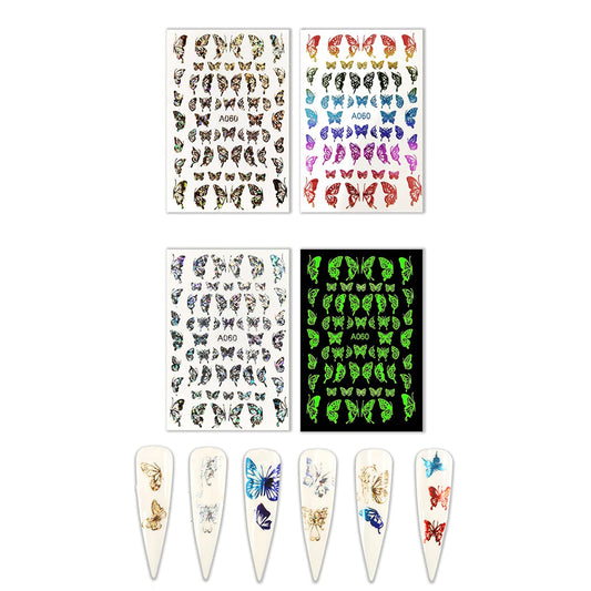 S.A.V.I Set of 4 Sheets 250 Stickers Butterfly Design Nail Art Decoration Laser Self-adhesive Sticker Luminous Nail Decal for Manicure