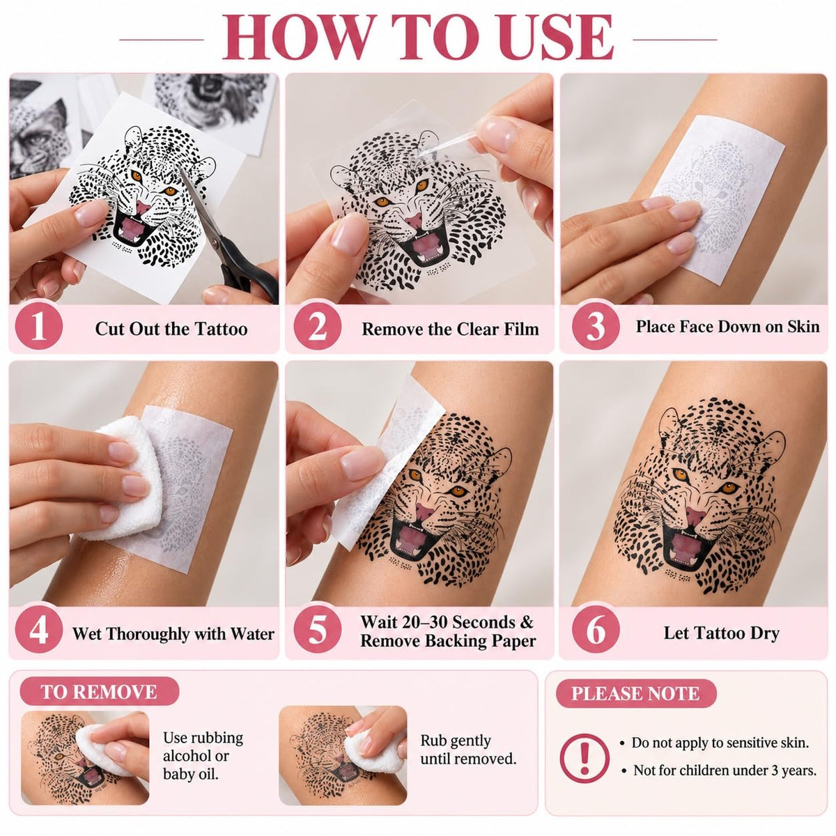 S.A.V.I Temporary Tattoo Stickers Leopard & Lion Designs, 3 Sheets