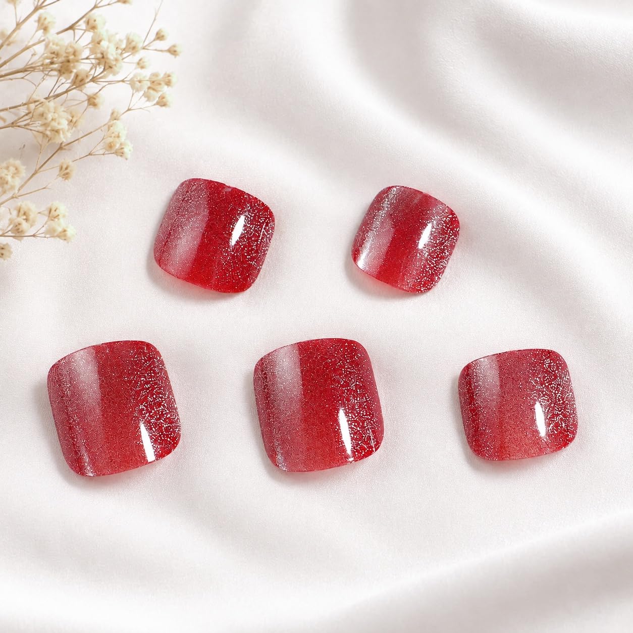 S.A.V.I Press on Toenails 24 Pcs Red Cat Eye Short Square Shape