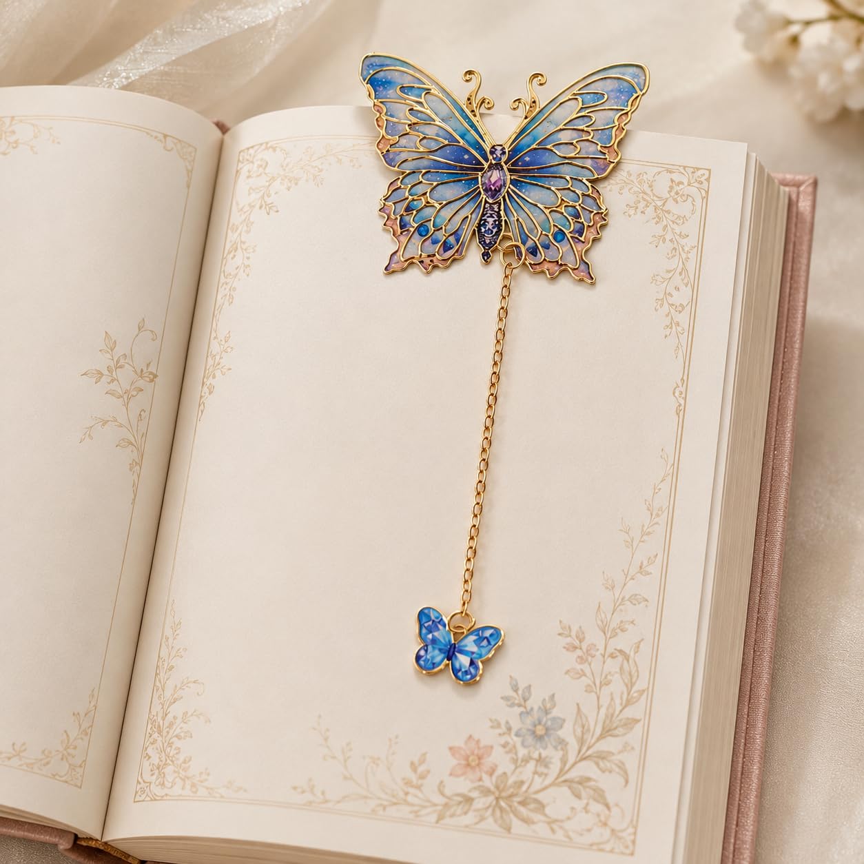 S.A.V.I Blue Butterfly Metal Bookmark with Dangling Charm | Enamel Detailing, Gold-Tone Finish, 14 cm Total Height, For Journals & Planners, Page Marker