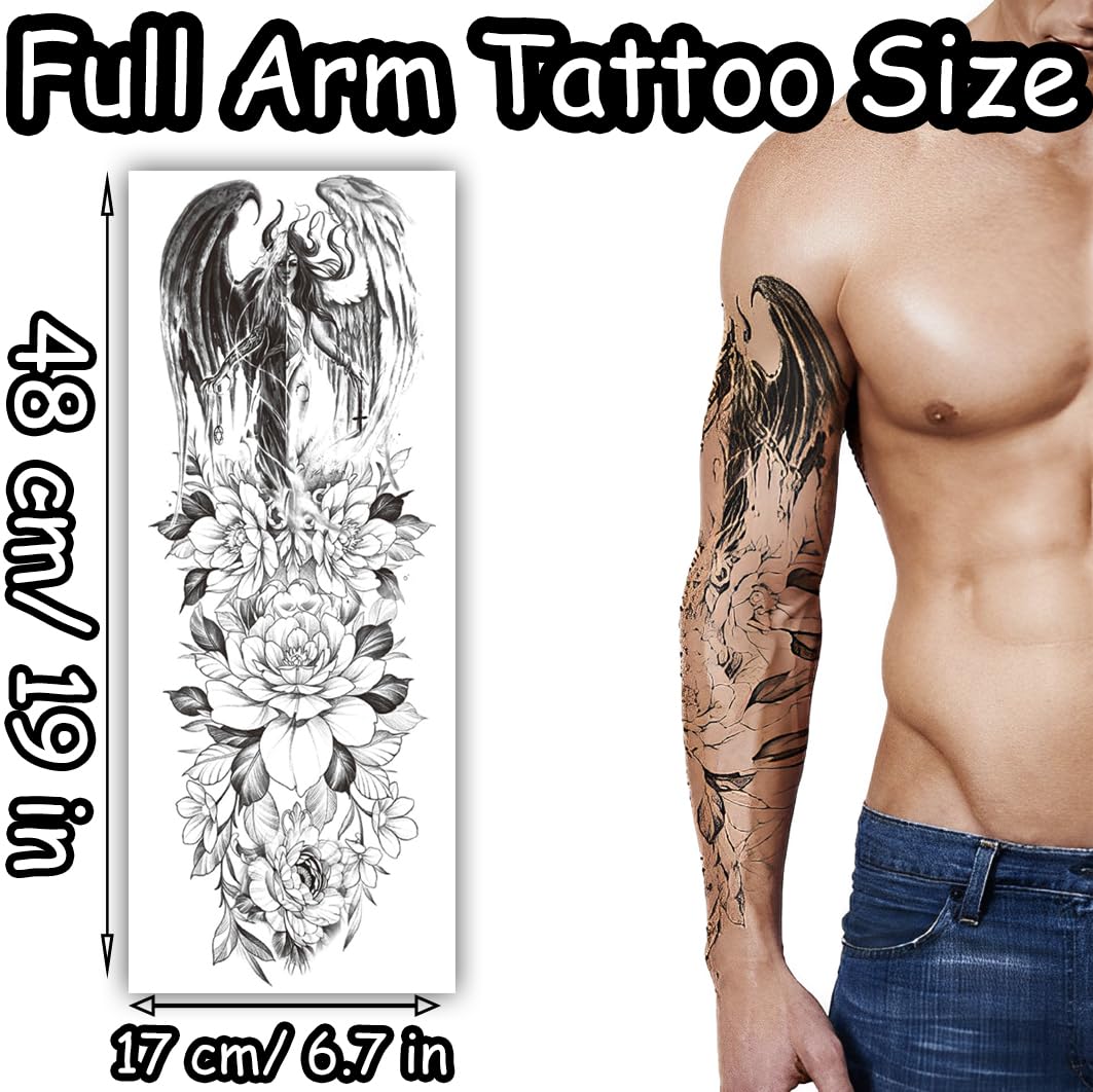 S.A.V.I Full Arm Temporary Tattoo for Men – 48x17 cm Black Dragon & Floral Sleeve Design | Waterproof, Long-Lasting, Non-Toxic Body Art Sticker | Easy to Apply & Remove | Realistic Look