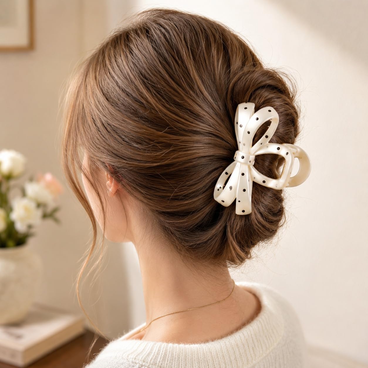 S.A.V.I Bow Hair Claw Clip Large Polka Dot Off White, 10.5 cm | Strong Acrylic Clutcher, Secure Hold, Thick Hair, Half & Full Updos, 1 Piece