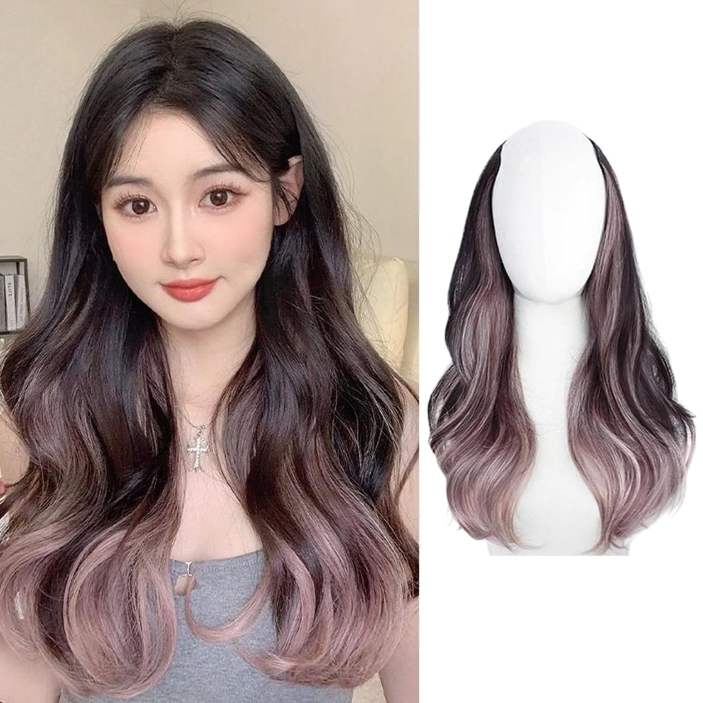 S.A.V.I 50cm Wavy Clip-In Hair Extension for Women | Natural Black & Dusty Pink Blonde Highlights | Dual-Tone Ombre Synthetic Hairpiece | Volumizing Half Head Long Hair Extension