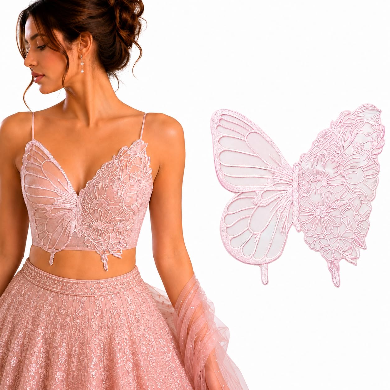S.A.V.I Butterfly Floral Embroidery Sew-On Patch Pink Mesh 35x32cm|Floral Lace Motif for Dresses, Blouses & Gowns, Premium Fabric, DIY Clothing Repair & Customization, Women Craft Accessory
