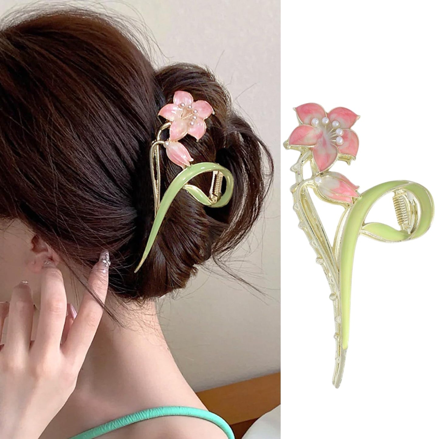 S.A.V.I Floral Hair Claw Clip for Women & Girls, Large 11 cm Strong Grip Clutcher, Green Pink Flower Design, Alloy Resin Hair Accessory for Daily, Party Styling
