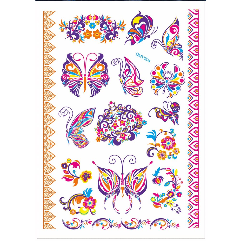 S.A.V.I Neon Temporary Tattoos, UV Color Tattoos For Men Women, Body Face Art, Garland Flower, Butterfly Tattoo Flash Fake Waterproof Tattoo Stickers, Size- 21x15CM
