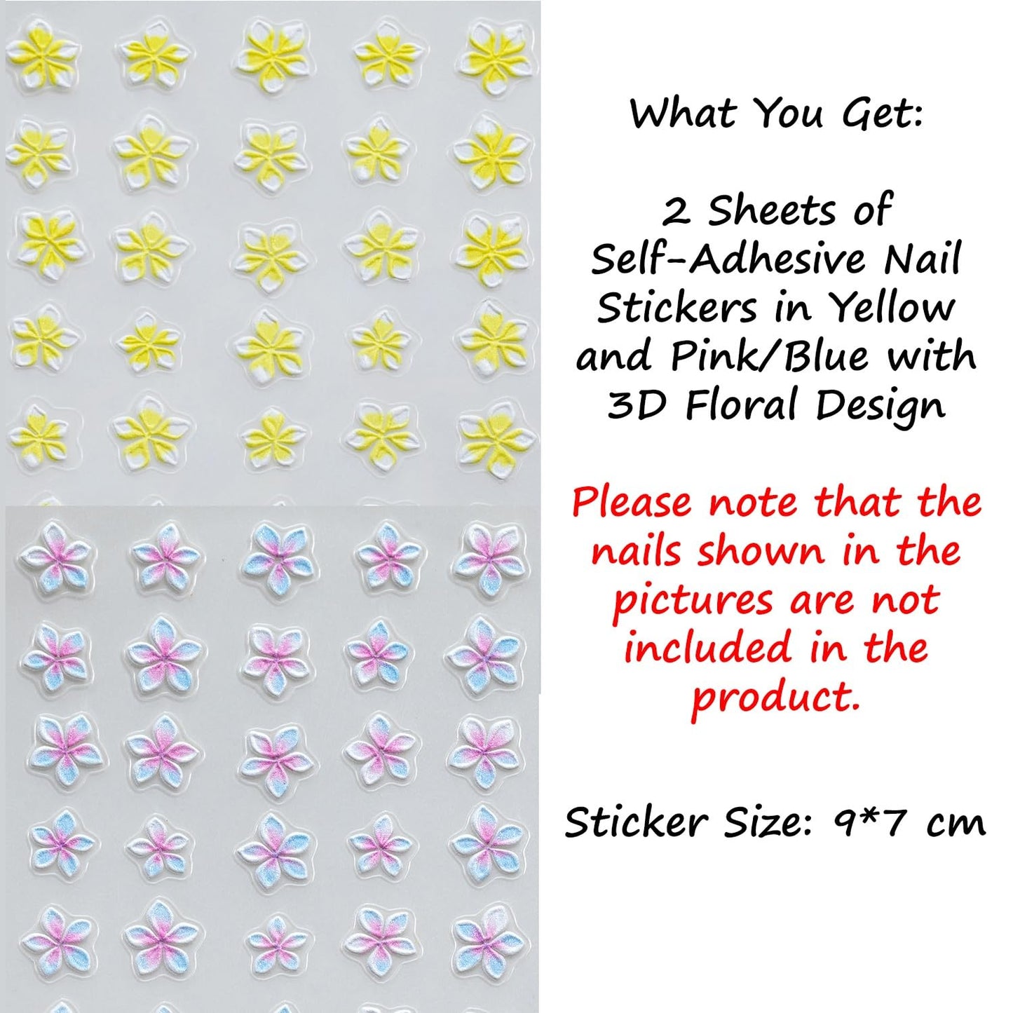 S.A.V.I 2 Sheets - 3D Floral Nail Art Stickers Yellow & Pink Blue Flower Design, Self Adhesive Resin Decals, Glossy Raised Decoration for Gel Acrylic Nails