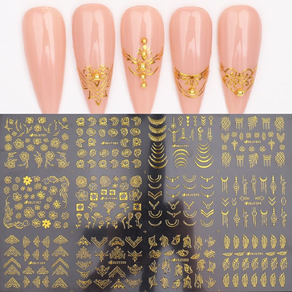 S.A.V.I 12 Sheet Set 3D Self-Adhesive Gold Flower Leaf Chain Lace Nail Art Stickers