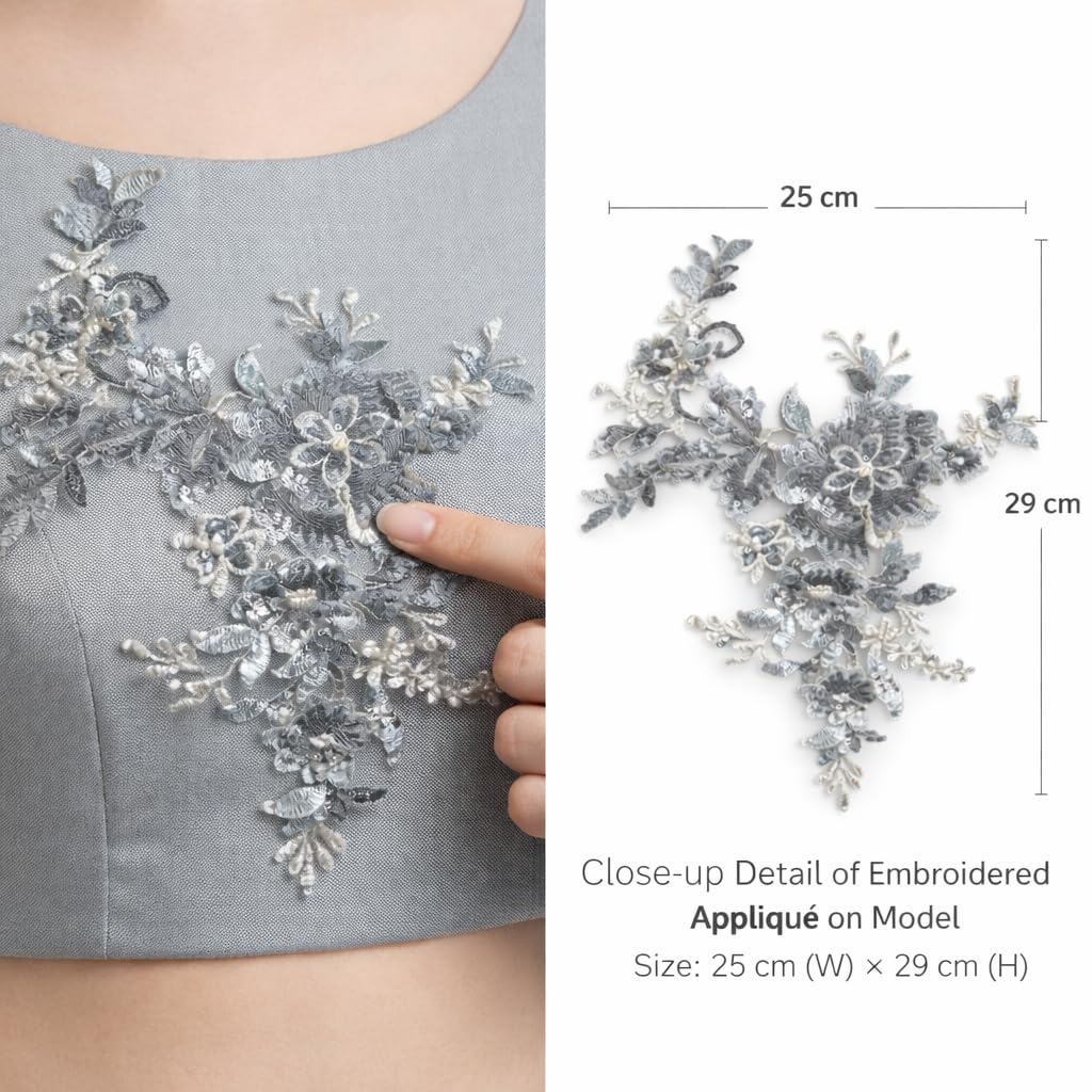 S.A.V.I Grey Floral Embroidered Applique Patch 25x29 cm | Sequin & Thread Work | Leaf Vine Design Sew-On Lace Motif for Blouse, Lehenga, Gown & Ethnic Clothes (Grey)