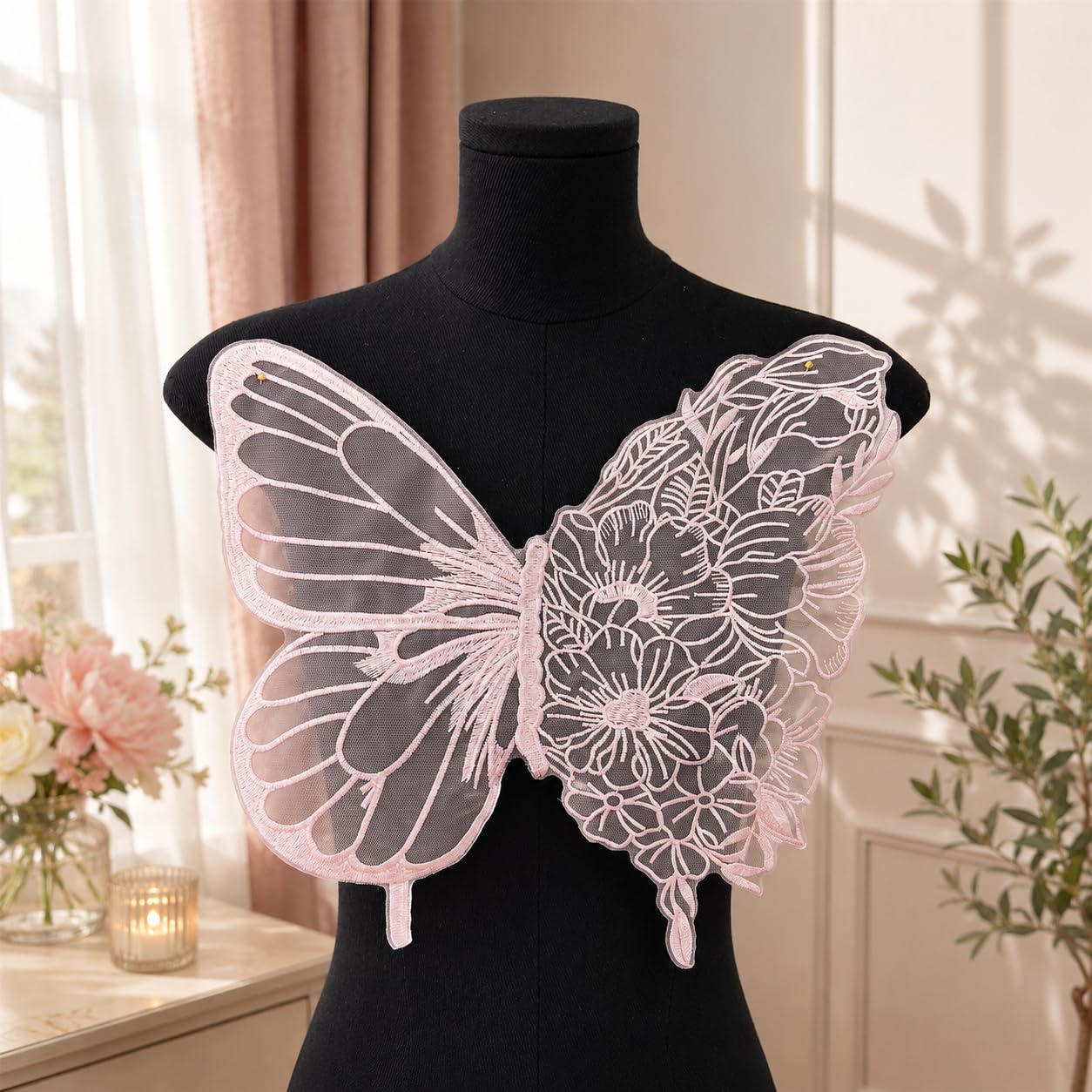 S.A.V.I Butterfly Floral Embroidery Sew-On Patch Pink Mesh 35x32cm|Floral Lace Motif for Dresses, Blouses & Gowns, Premium Fabric, DIY Clothing Repair & Customization, Women Craft Accessory