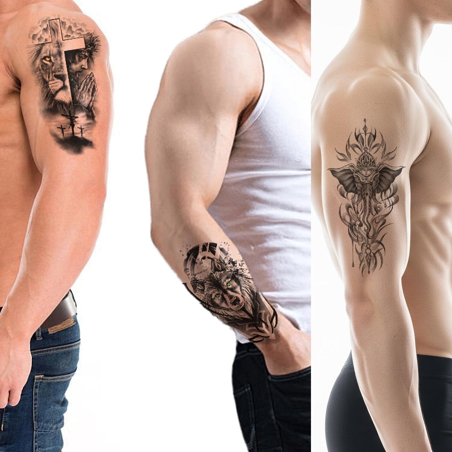 S.A.V.I 3 Majestic Lion & Tiger Temporary Tattoo Sheets for Men & Women | Large 21x11cm Arm Sleeve Stickers | Realistic Black & Orange Flame Body Art | Safe, Non-Toxic & Long Lasting (Wild-1)