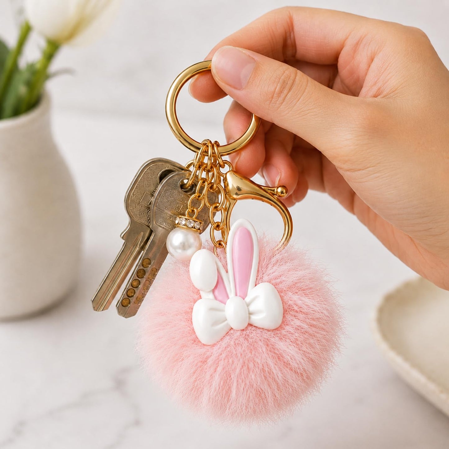 S.A.V.I Bunny Pom Pom Keychain 13 x 5 cm for Women & Girls, Fur Bag Charm, Soft Faux Fur, Pearl Accent, Gold-Tone Clasp, Pink, Kawaii Gift for Purse, Backpack & Car Keys, Lightweight Accessory