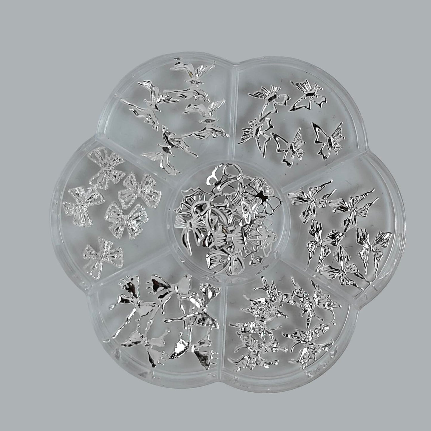 S.A.V.I Silver Metal 3D Nail Art Charms Set (60 Pcs) with Fairy, Butterfly & Bow Designs | DIY Decorations for Gel & Acrylic Nails | Flower Shape Round Storage Box 8.3 cm