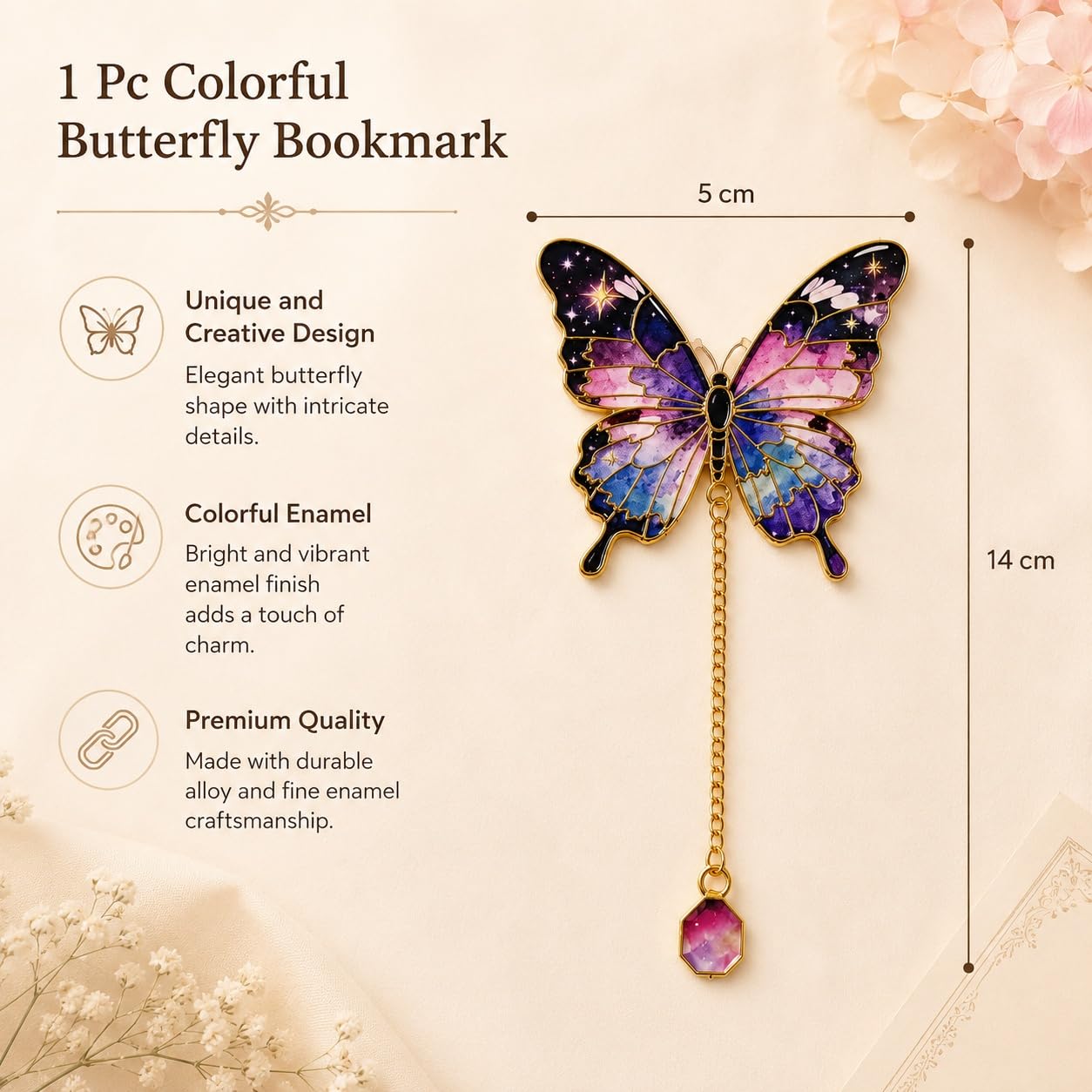 S.A.V.I Butterfly Bookmark Purple Pink Enamel with Chain Charm 14 cm | Colorful Enamel Finish, Durable Alloy Metal, Hanging Charm Pendant, 5 cm x 14 cm Size, For Women & Students