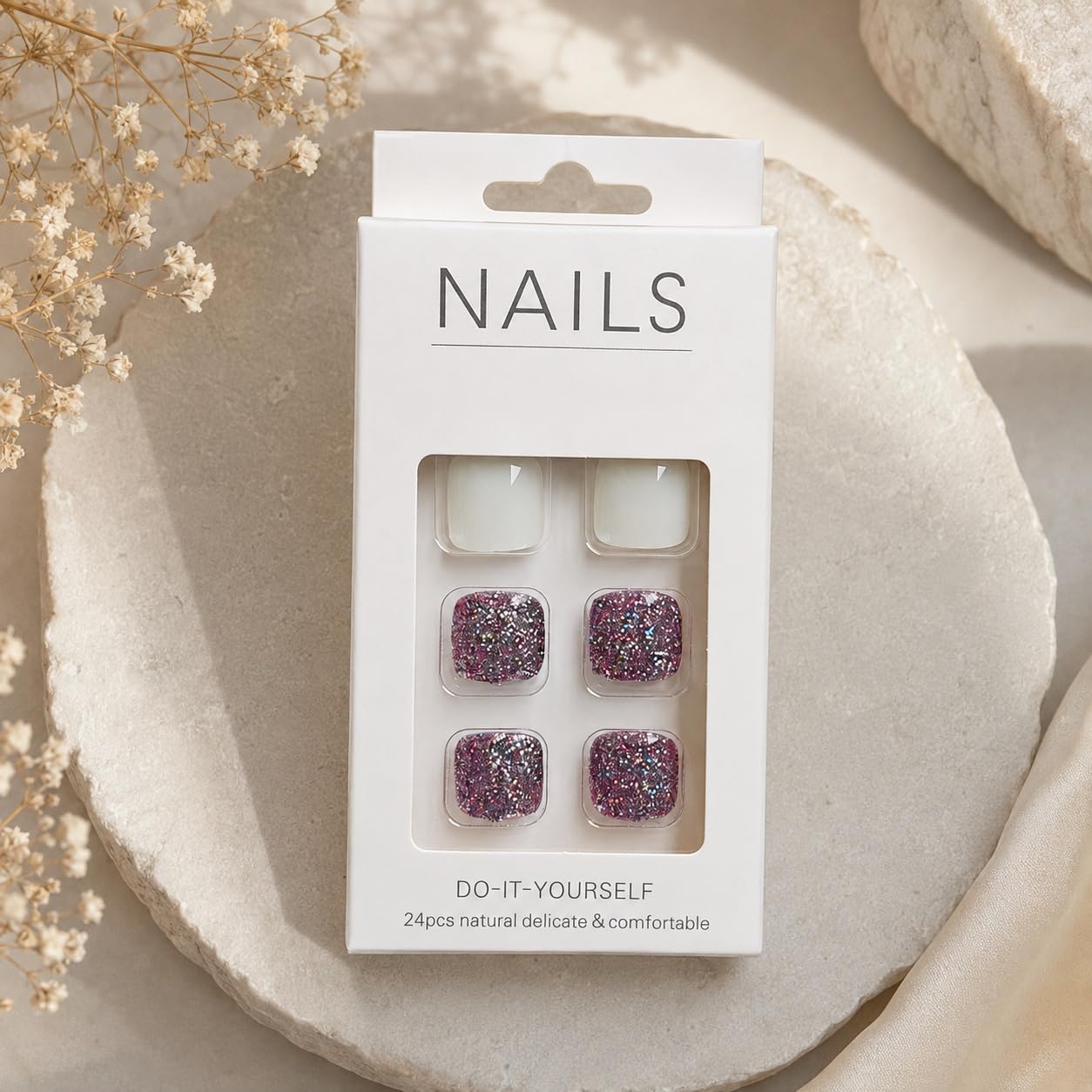 S.A.V.I Press on Toenails 24 Pcs Purple Glitter White Square Tips