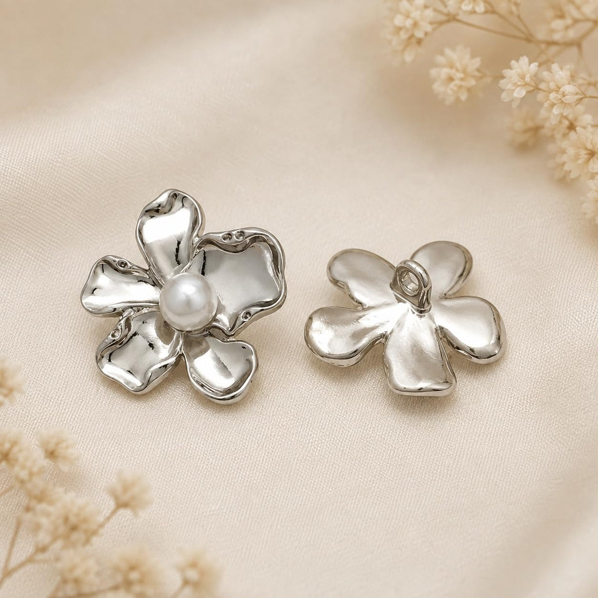 S.A.V.I Floral Pearl Shank Buttons Silver Tone 17.5mm for Blouse | Set of 6, Sculpted Blossom Design, Saree & Lehenga Use, DIY Craft & Sewing, Kurti & Choli