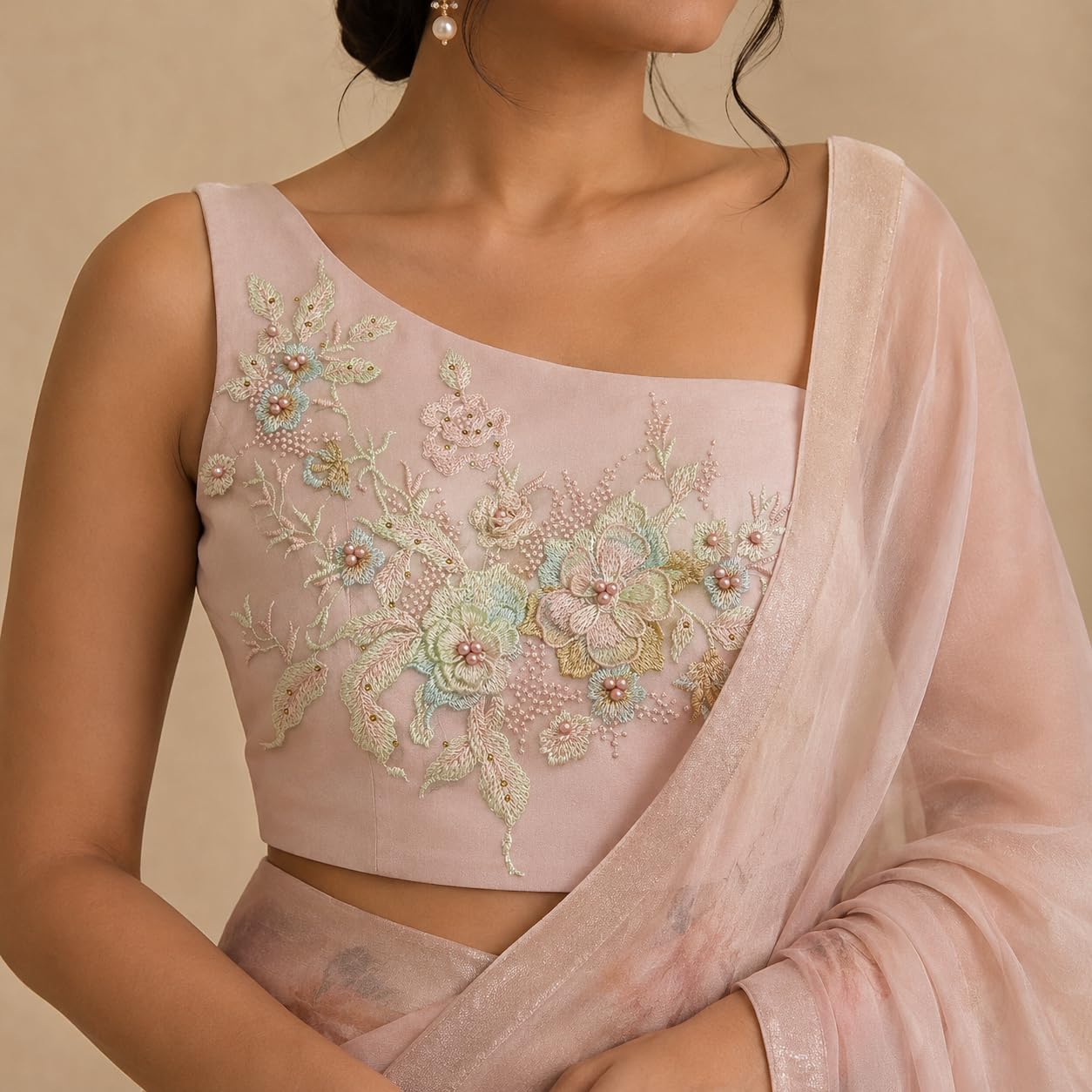 S.A.V.I Big Floral Embroidery Patch Sew-On Applique 36x25 cm|Beige & Pink Mesh Design, DIY Craft Embellishment, For Saree Blouse & Kurta, Hand or Machine Stitch, 1 Pc