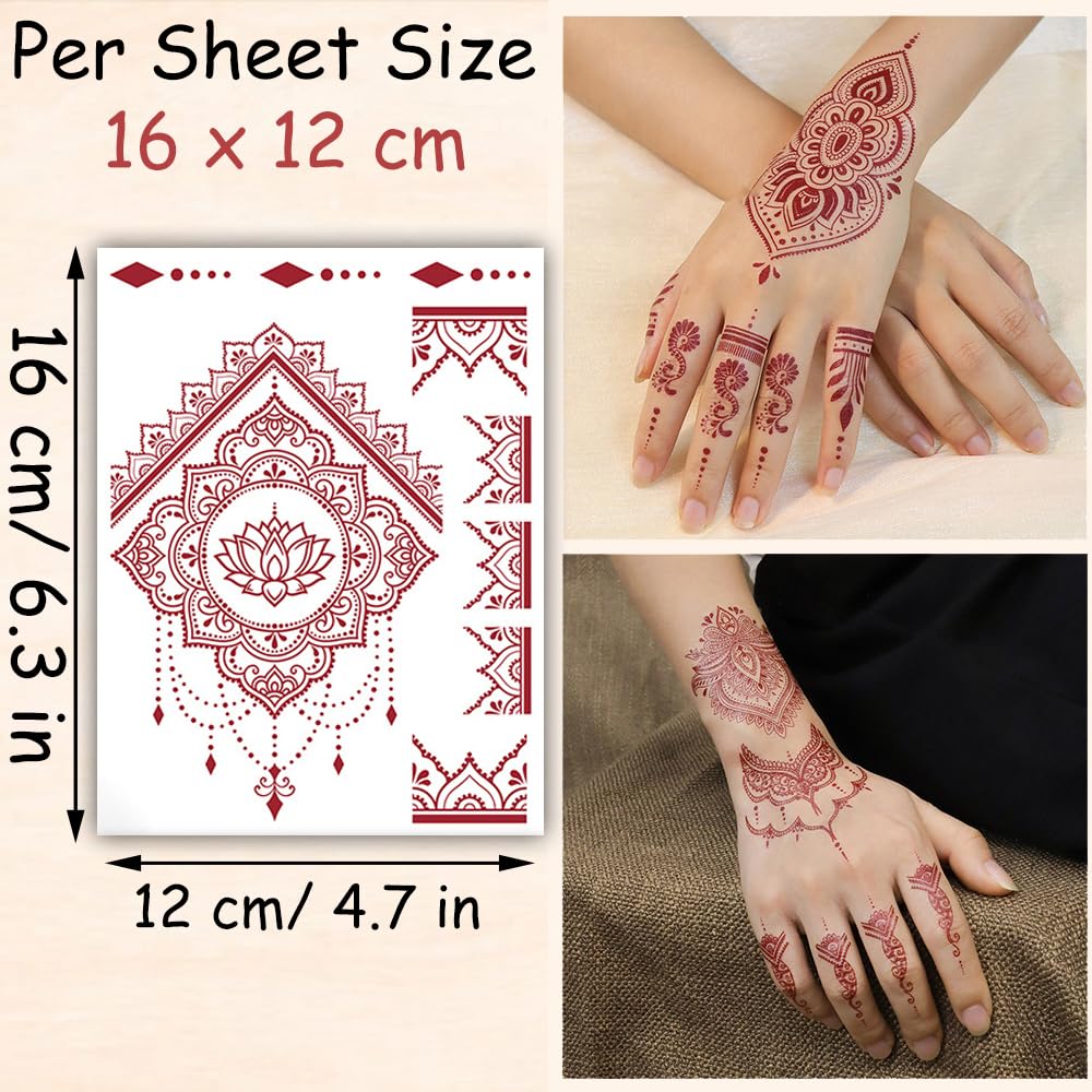 S.A.V.I 2 Sheets - Red Mehndi Style Temporary Tattoo Stickers for Women & Girls (16x12cm) | Floral Net Design | Waterproof, Safe, Non-Toxic Body Art for Hands – Easy to Apply & Remove (#64)