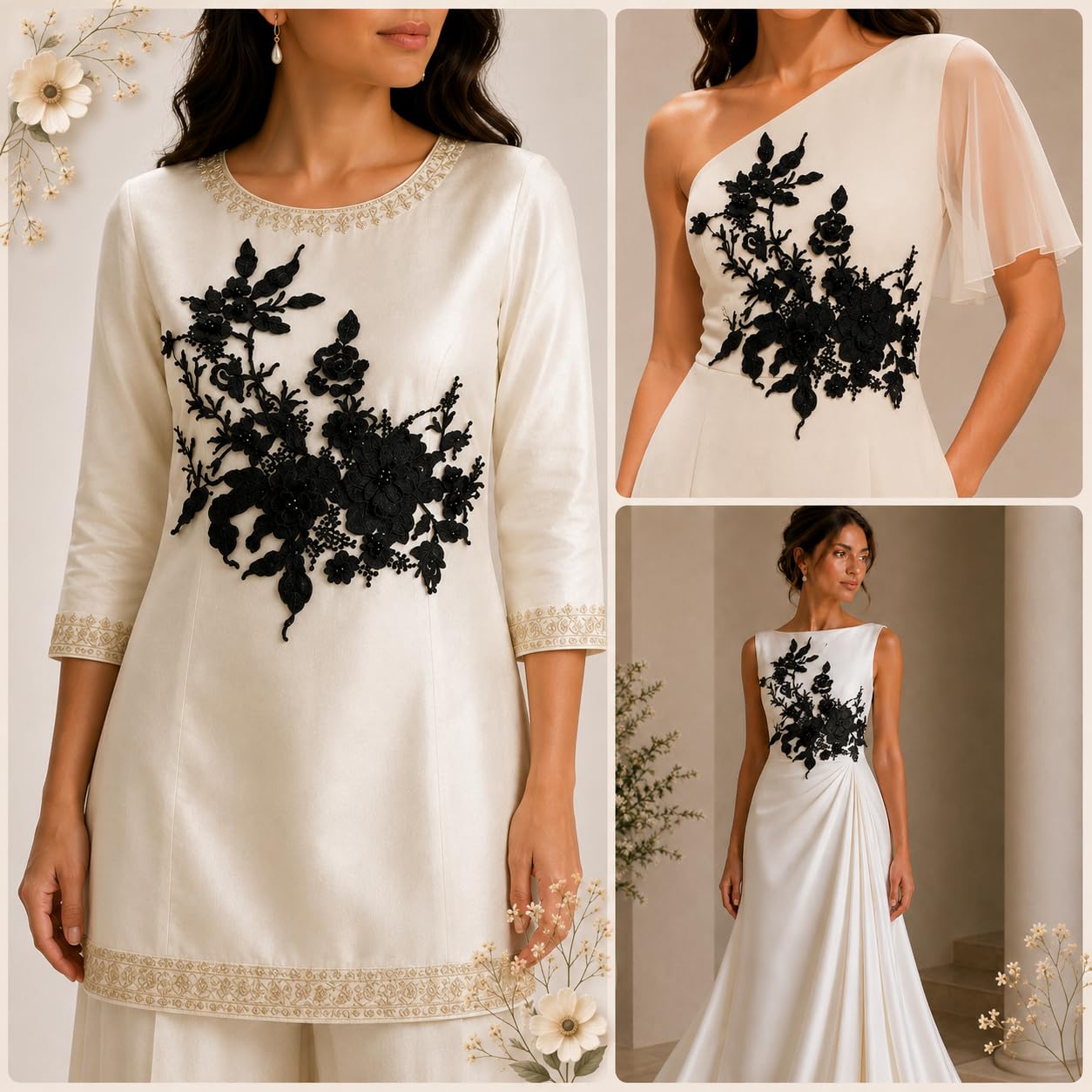 S.A.V.I Floral Embroidery Sew-On Applique Patch Black|36 x 25 cm Mesh Lace With 3D Beads for Dresses, Kurtas, Blouses, Gowns & DIY Outfit Customization