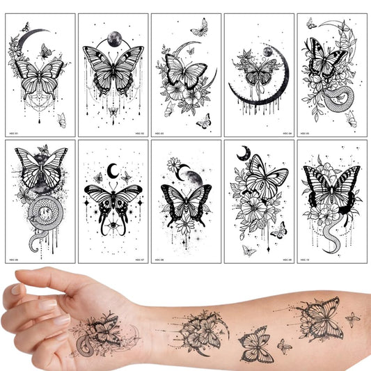 S.A.V.I Black Butterfly & Moon Temporary Tattoos for Women & Girls, Floral Snake Fine Line Fake Tattoo Stickers, Waterproof Non-Toxic Body Art for Arm Neck Ankle, 10 Sheets 6.8x12 cm (#323)