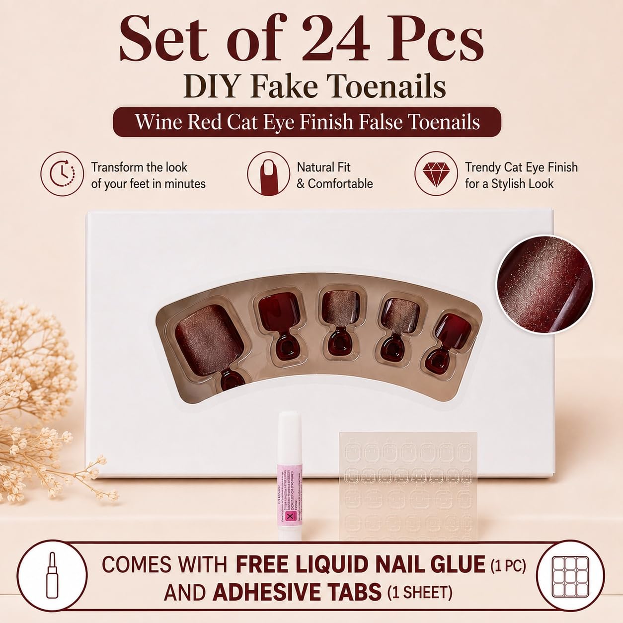 S.A.V.I Wine Red Cat Eye Press on Toenails 24 Pcs | Glossy Square False Toe Nails with Glue & Adhesive Tabs, Natural Fit, DIY Pedicure Kit for Women