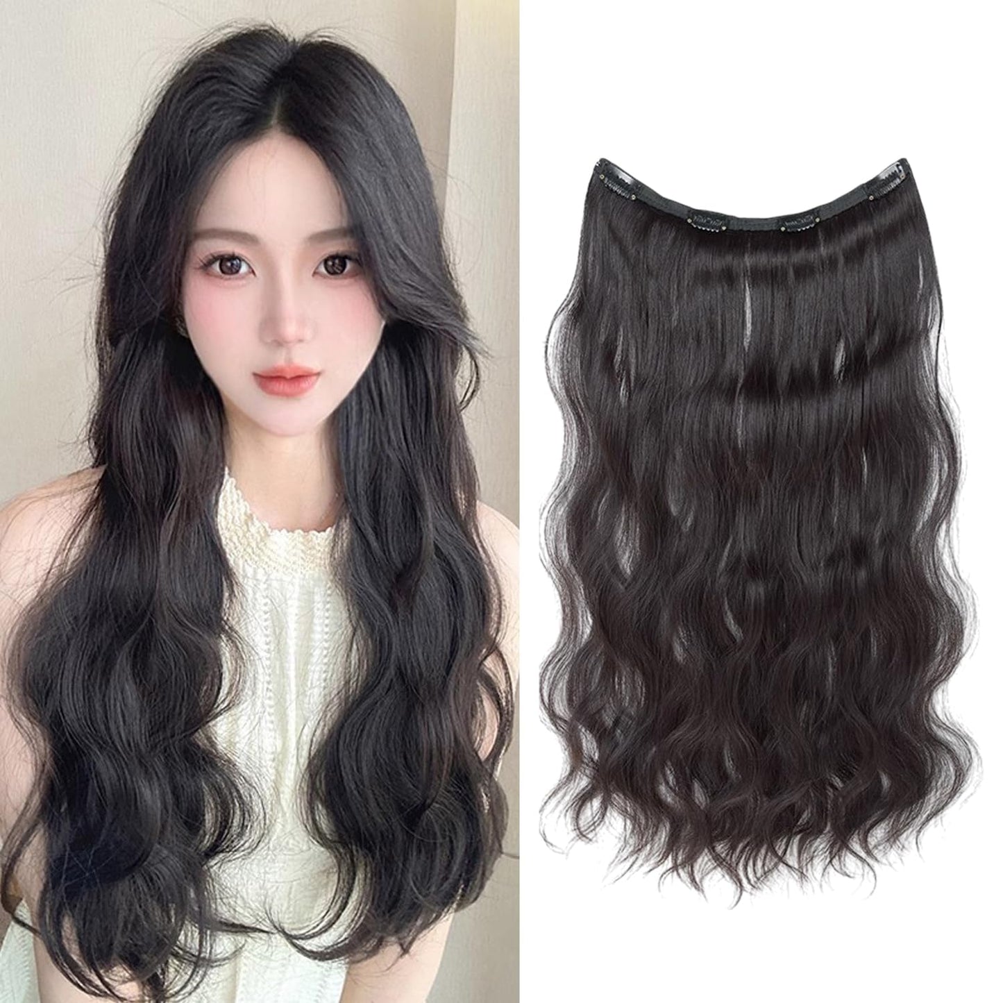 S.A.V.I Natural Black Wavy Clip-In Hair Extension for Women, 60 cm Long & 27 cm Wide, Synthetic Fiber Hairpiece with Strong Snap Clips, Voluminous Curly Long Hair Attachment for Instant Length & Volume