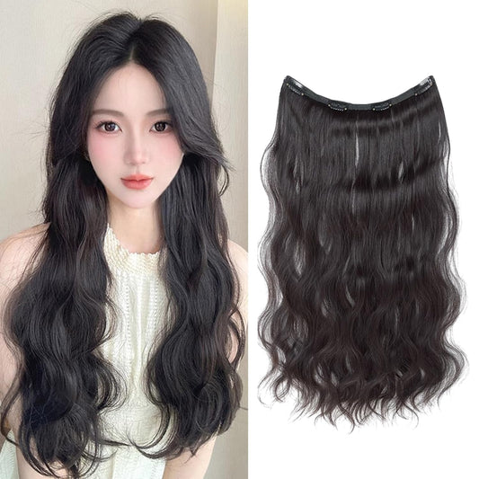 S.A.V.I Natural Black Wavy Clip-In Hair Extension for Women, 60 cm Long & 27 cm Wide, Synthetic Fiber Hairpiece with Strong Snap Clips, Voluminous Curly Long Hair Attachment for Instant Length & Volume
