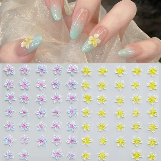 S.A.V.I 2 Sheets - 3D Floral Nail Art Stickers Yellow & Pink Blue Flower Design, Self Adhesive Resin Decals, Glossy Raised Decoration for Gel Acrylic Nails