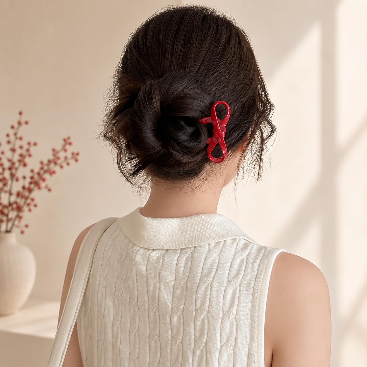 S.A.V.I French Hair Pin Bow Bun Stick for Women 11cm Red | Resin Material, Lightweight, Secure Hold, Half & Full Updos, For Girls & Women