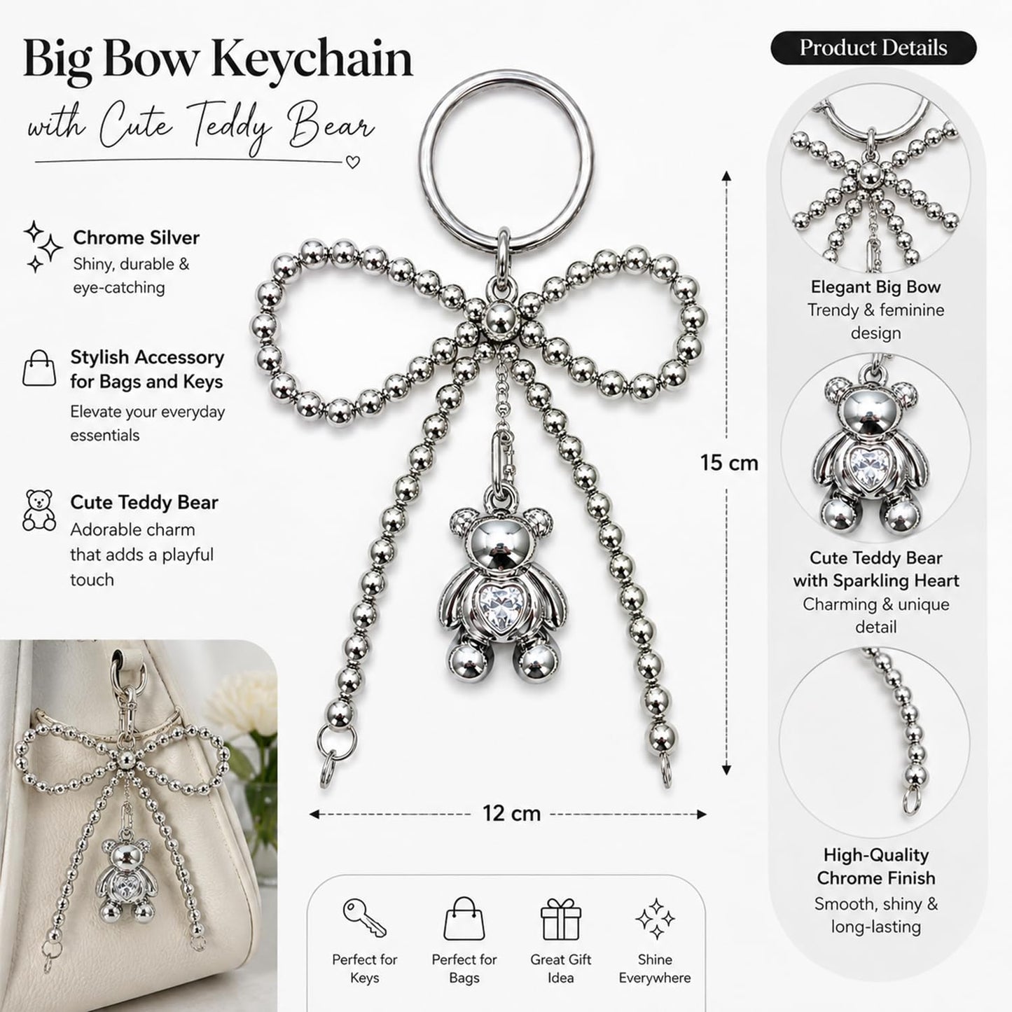 S.A.V.I Big Bow Teddy Bear Keychain for Women, Chrome Silver, Sparkling Heart Pendant, Beaded Metal Finish, Bag & Key Charm, 15 cm Length, Ideal for Girls