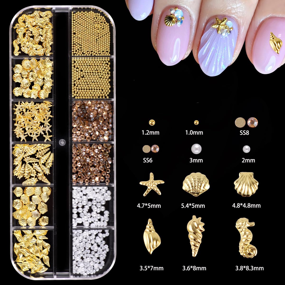 S.A.V.I 3D Beach Theme Nail Art Kit | Gold Metal Seashell, Starfish & Seahorse Charms with Pearls and Rhinestones | Multi Size Flat Back | 12 Grid Storage Box