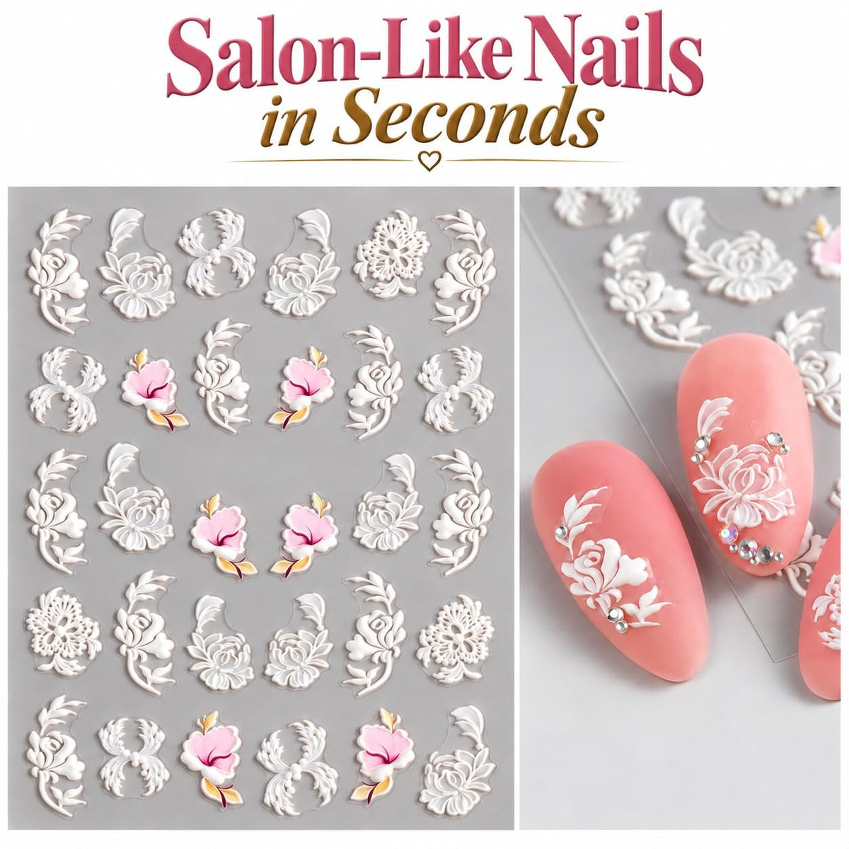 S.A.V.I 3D Floral Nail Art Stickers Self Adhesive Decals 6x8 cm | White & Pink Rose Designs, DIY Application, Bridal & Party Looks, 1 Sheet, For Women