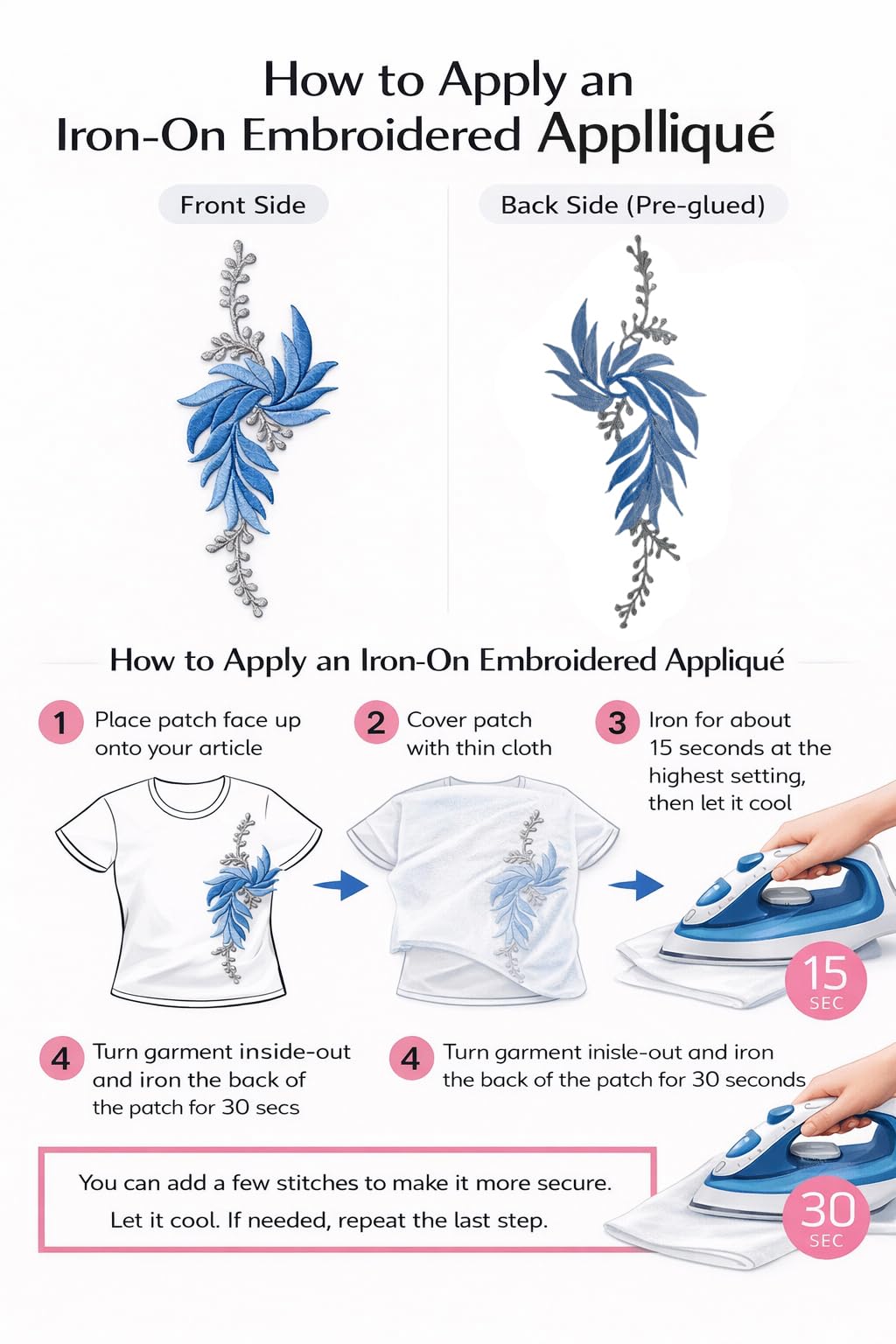 S.A.V.I Blue & Silver Floral Iron-On Embroidered Appliqué Patch 7.5 x 17 cm | Leaf Motif Threadwork Design for Dresses, Sarees, Blouses, DIY Fabric Craft (Right, Blue, 7.5 x 17 cm)