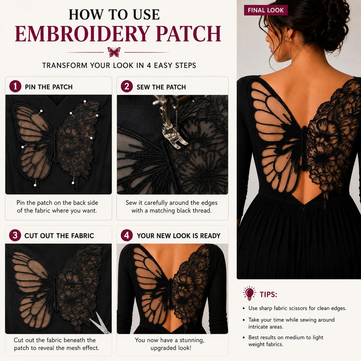 S.A.V.I Butterfly Floral Embroidery Sew-On Patch Black Mesh 35x32cm|Floral Lace Motif for Dresses, Blouses & Gowns, Premium Fabric, DIY Clothing Repair & Customization, Women Craft Accessory