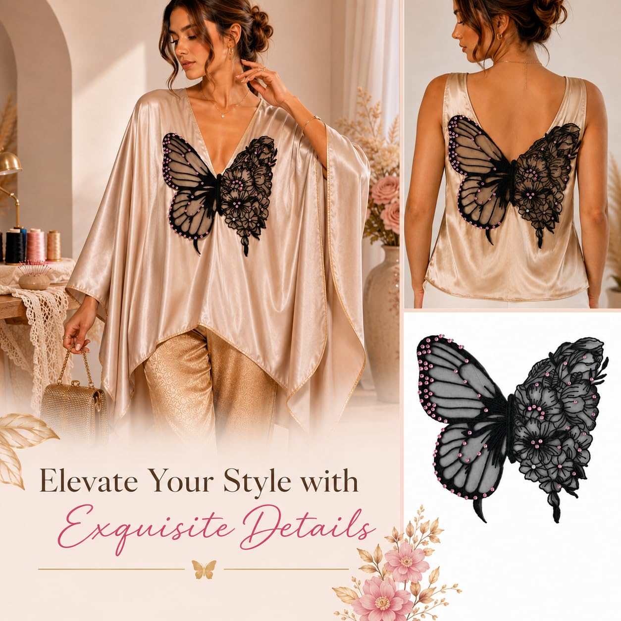 S.A.V.I Butterfly Embroidery Applique Patch Black Mesh Rhinestone Sew-On|Ultra Thin 35x32 cm Floral Lace Design for Kaftan, Dress, Blouse & Tops, Lightweight Decorative Craft Embellishment for Women