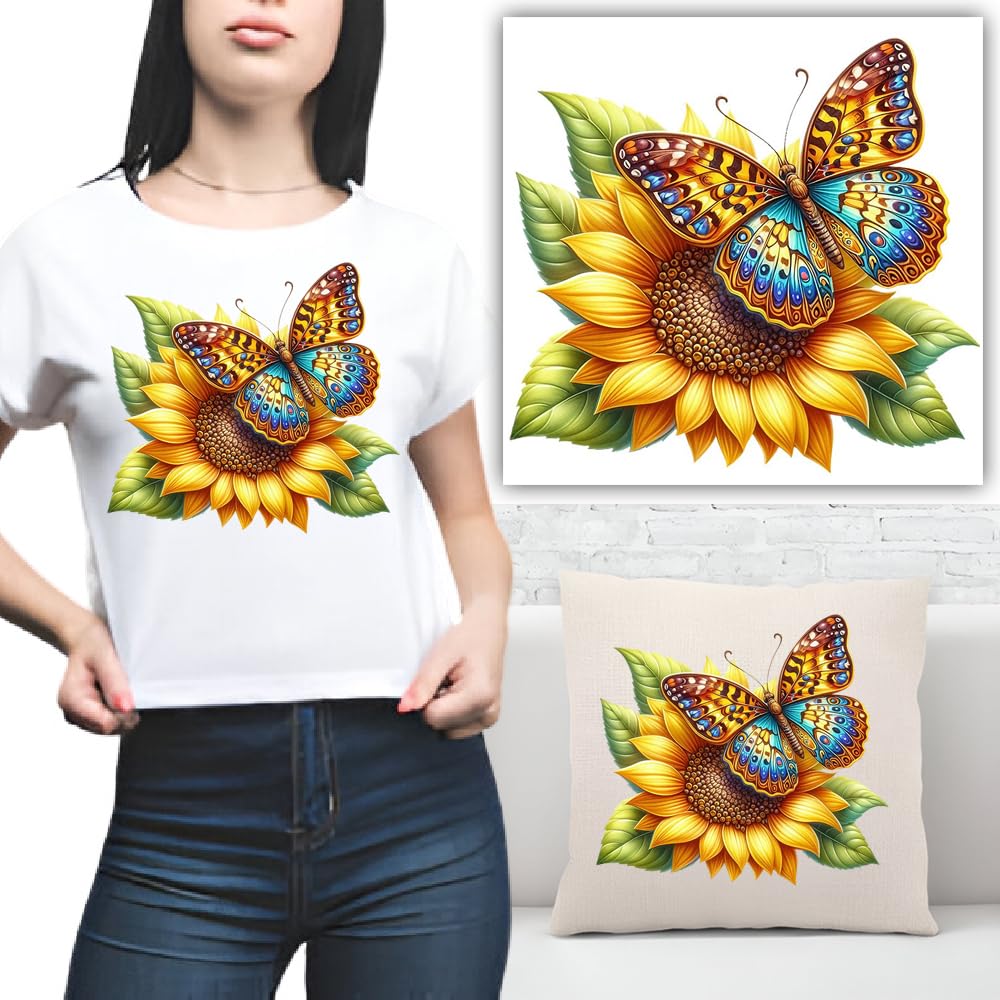 S.A.V.I Colorful Butterfly  Sunflower Iron-On Patch | 8.5x7 Inch Heat Transfer Sticker for T-Shirts, Hoodies, Jeans, Backpacks  Pillows | Washable DIY Applique for Clothes  Accessories | 1PC